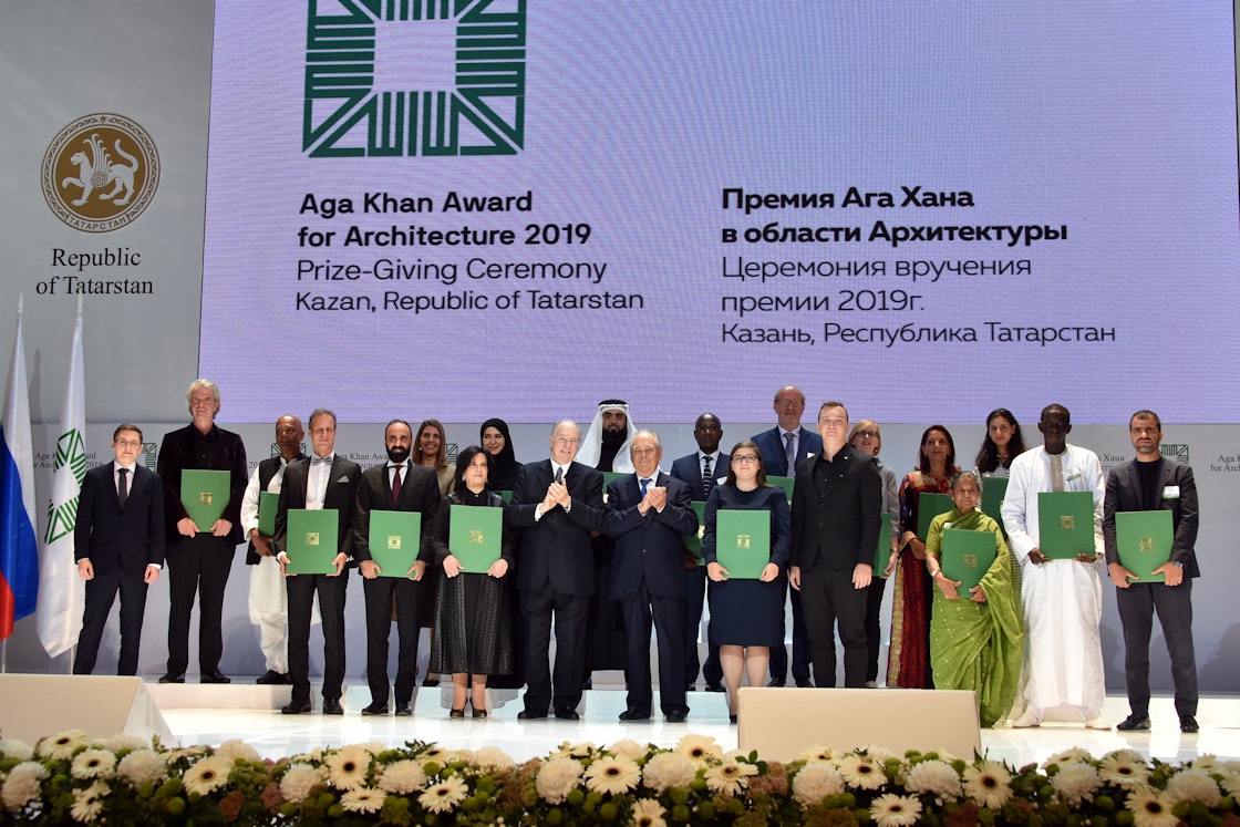 His Highness the Aga Khan and Mintimer Shaimiev, State Counsellor of the Republic of Tatarstan with the recipients of the 2019 Aga Khan Award for Architecture.