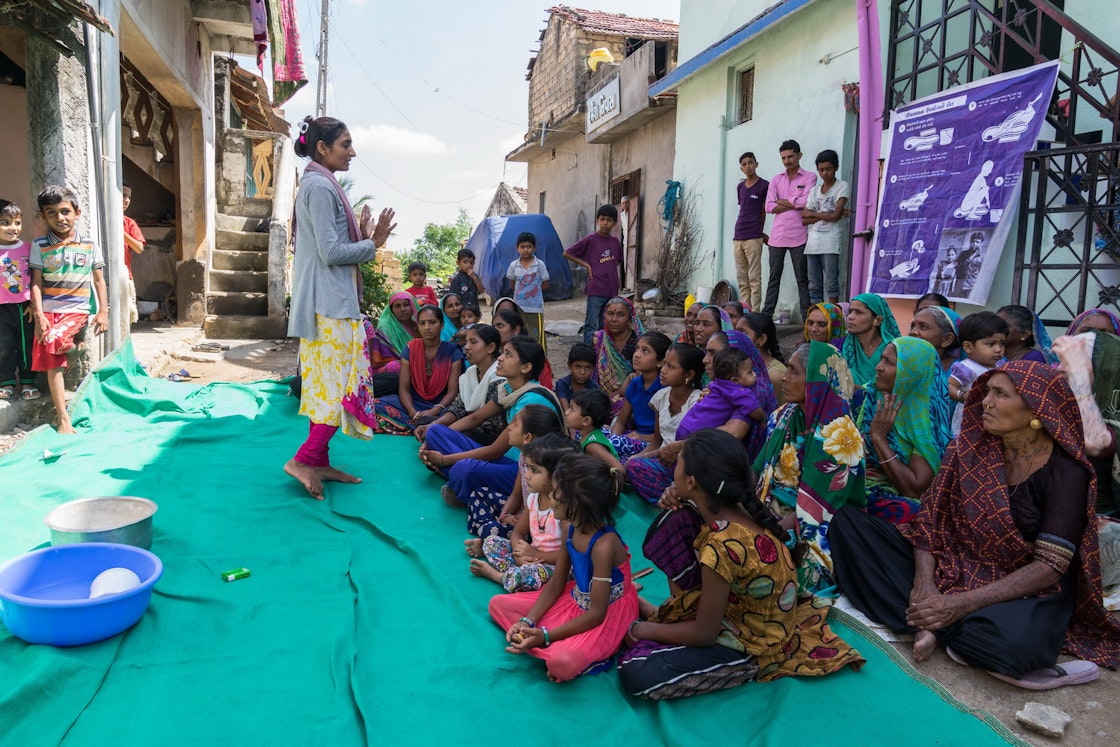 Meeting organised by the Aga Khan Planning and Building Services (AKPBS) to raise awareness about key sanitation and personal hygiene messages. Una block, Gir Somnath district, Gujarat, India. AKDN / Christopher Wilton-Steer