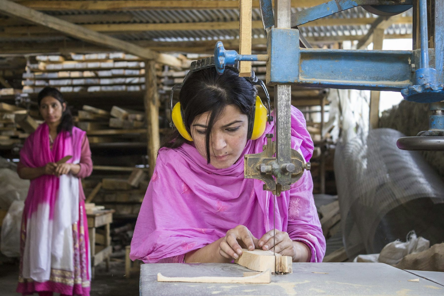 Young women from poor and marginalised families received training at a carpentry workshop in Gilgit, organised by the Aga Khan Cultural Services Pakistan. AKDN / Christopher Wilton-Steer