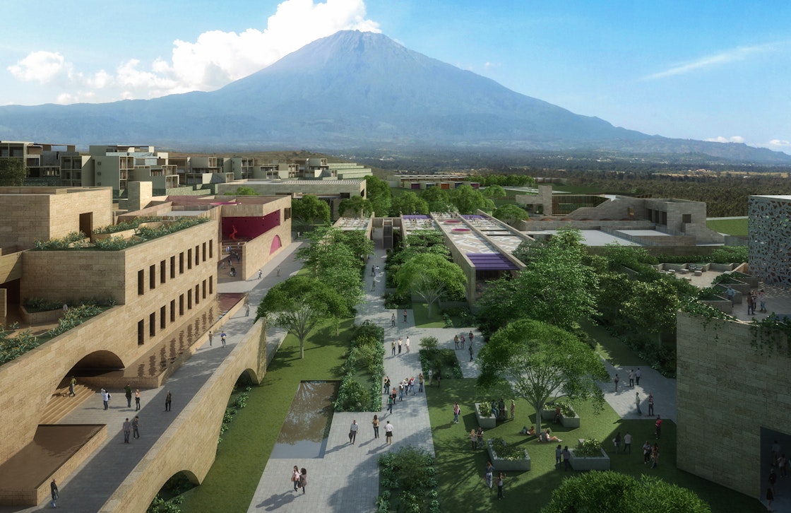 An architect’s rendering shows the campus plan for the future Faculty of Arts and Sciences, East Africa, which will deliver a liberal arts education to students of all backgrounds from across East Africa. Located in Arusha, Tanzania, it will later be joined by the Faculty of Arts and Sciences, Pakistan, in Karachi. AKU