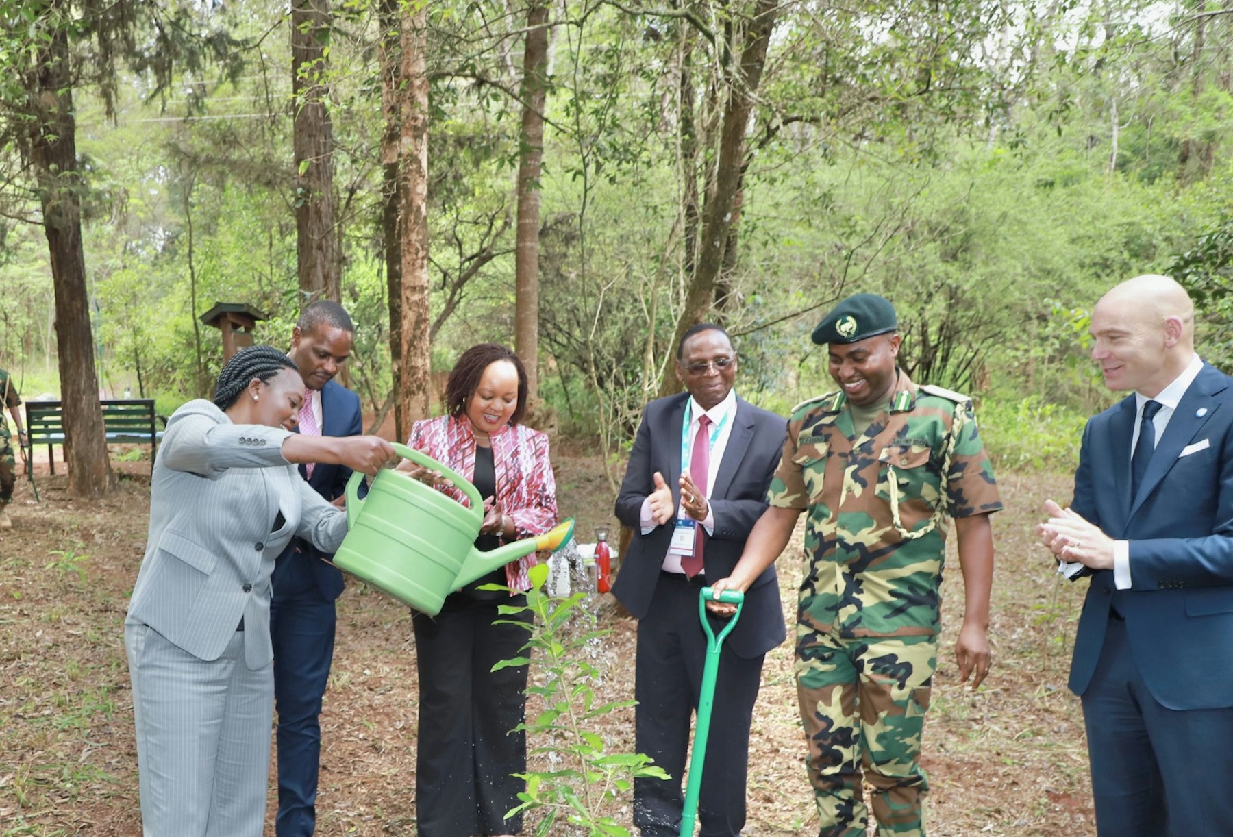 Hon. Roselinda Soipan Tuya, Cabinet Secretary, Ministry of Environment and Forestry, commemorates the fourth edition of the Kusi Ideas Festival in the presence of Dr Wilfred Kiboro, Chairman of NMG, and other delegates in Karura Forest.