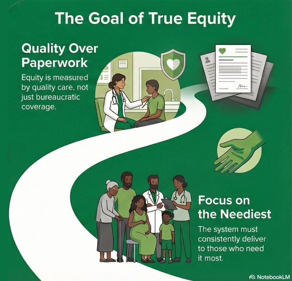 The goal of true equity: quality over paperwork, where equity is measured by quality care not bureaucratic coverage; and focus on the neediest, ensuring the system consistently delivers to those who need it most.